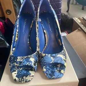 BCBGeneration Blue and Cream Peep Toe Heels